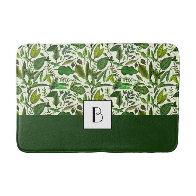 Elegant Monogram Gröna Blad Mönster Badrumsmatta (Framsidan)