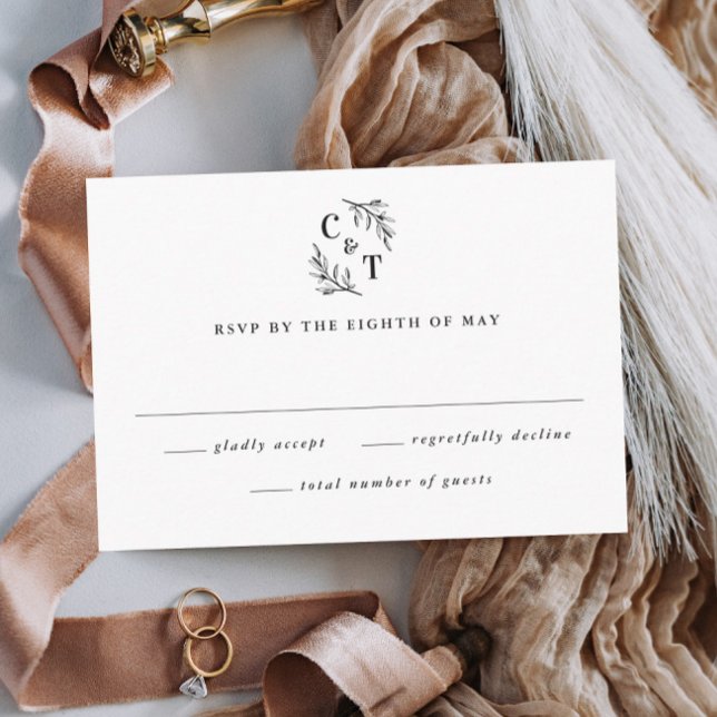 Elegant Monogram Grönska Blad Bröllop OSA Kort (Elegant Wedding Monogram Black and White Wedding Invitation RSVP Card.)