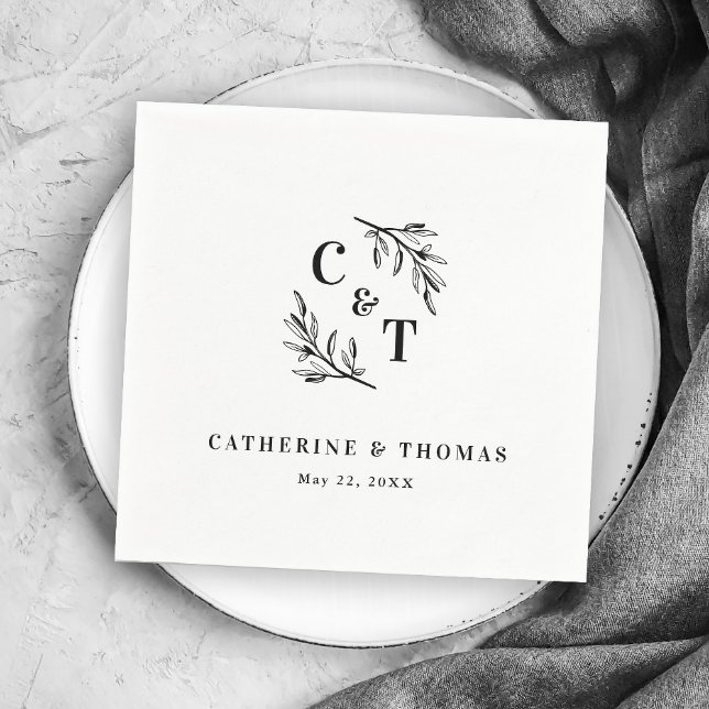 Elegant Monogram Grönska Blad Bröllop Pappersservett (Elegant Monogram Greenery Leaves Wedding Napkins.)
