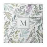 Elegant Monogram Grönt Blue Botanical Watercolor Kakelplatta<br><div class="desc">En botanisk vattenfärg i elegant i mjuka grönt och blå med ett monogram.</div>