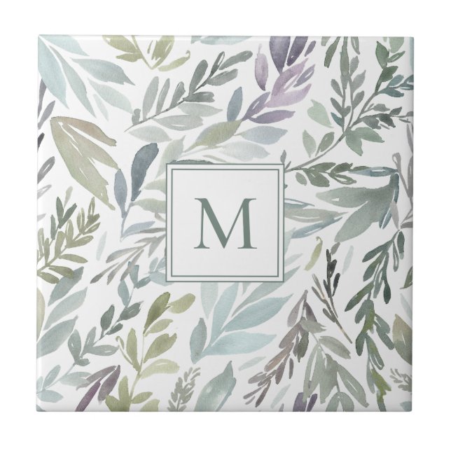 Elegant Monogram Grönt Blue Botanical Watercolor Kakelplatta (Framsidan)