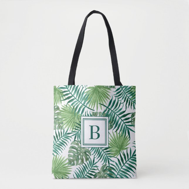 Elegant Monogram Grönt Botanical Handflatan Löv Tygkasse (Framsida)