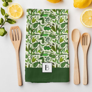 Elegant Monogram Grönt Botanical Mönster Kökshandduk
