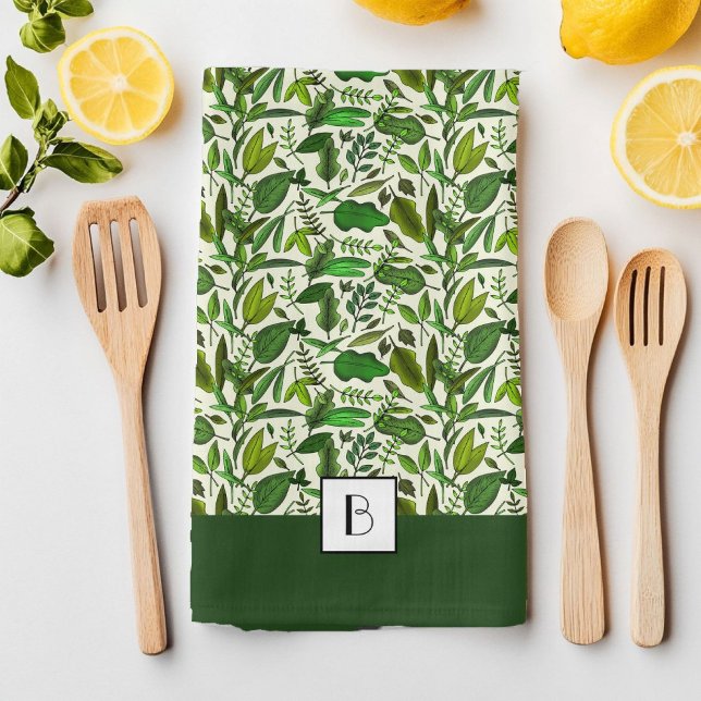 Elegant Monogram Grönt Botanical Mönster Kökshandduk (Elegant Monogram Green Botanical Pattern Kitchen Towel)
