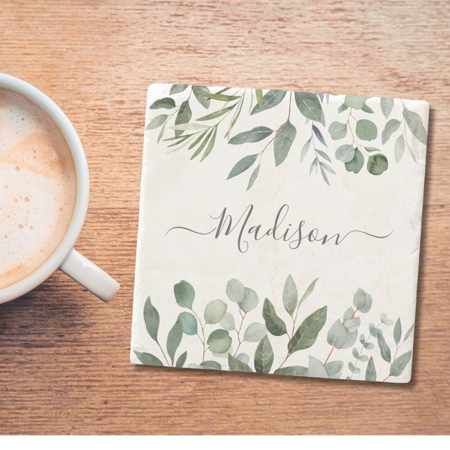 Elegant Monogram Grönt Eucalyptus Tropical Löv Stenunderlägg (In situ)