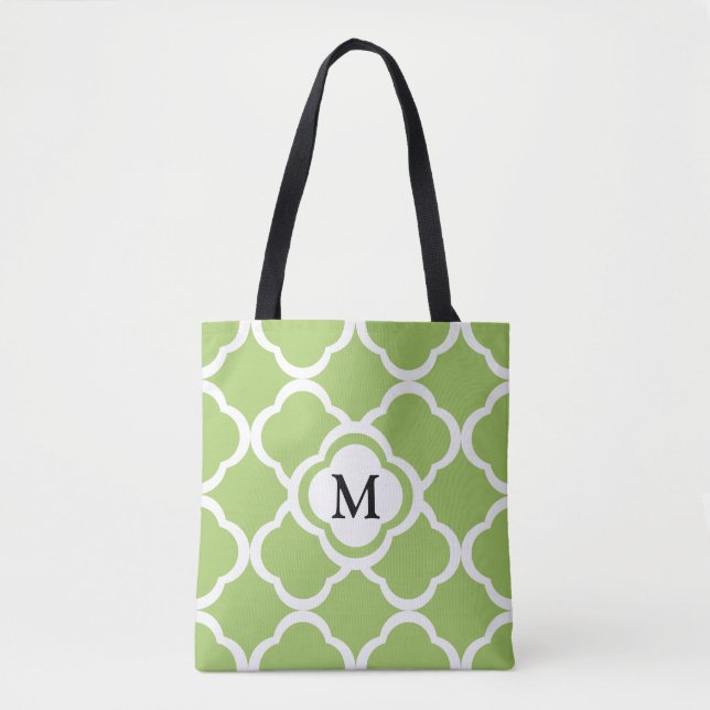 Elegant Monogram Grönt Quatrefoil Mönster Tygkasse (Framsida)