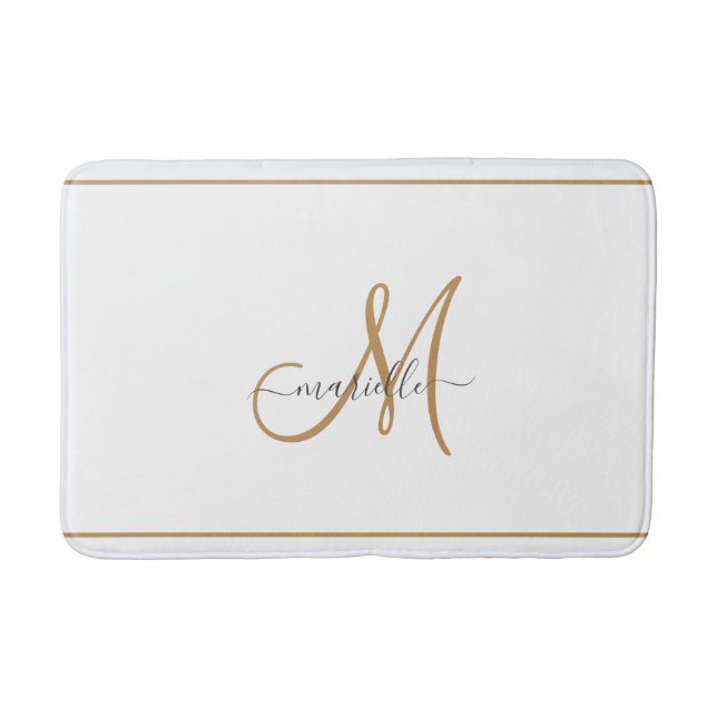 Elegant monogram gul skriptnamn vit badrumsmatta (Framsidan)
