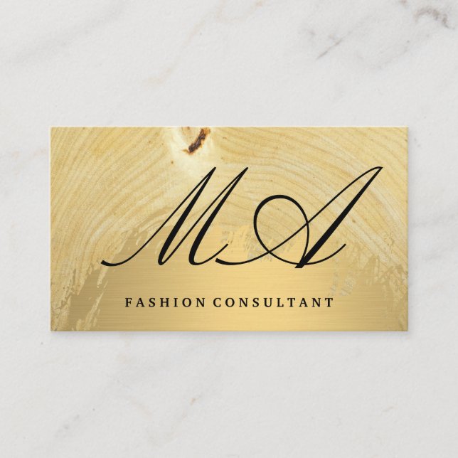 Elegant Monogram | Guld Brushed | Trä Grain Visitkort (Framsida)