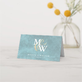 Elegant Monogram Guld Glass Teal White Bröllop Placeringskort