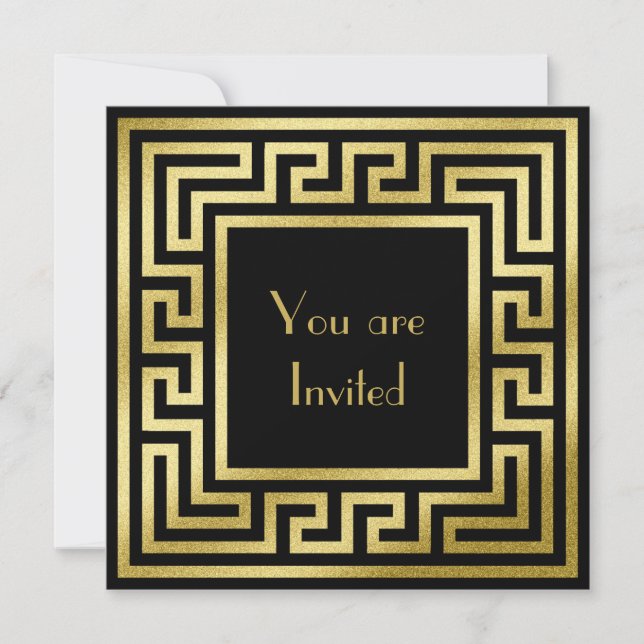 Elegant Monogram Guld Glitter Art Deco Svart Inbjudningar (Framsida)