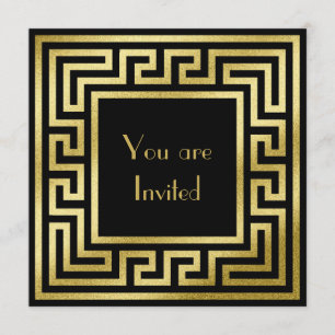 Elegant Monogram Guld Glitter Art Deco Svart Inbjudningar