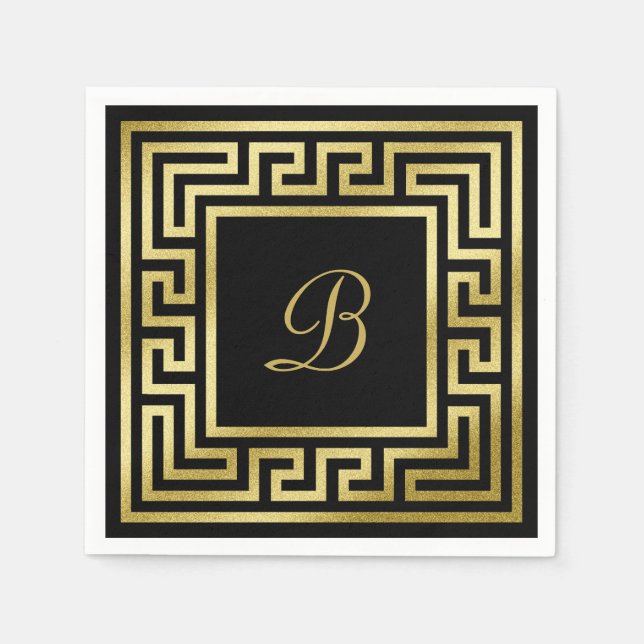 Elegant Monogram Guld Glitter Grekiska Nyckel Blac Pappersservett (Framsidan)
