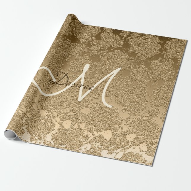 Elegant Monogram Guld Modern Girly Blommigt Presentpapper (Utrullad)