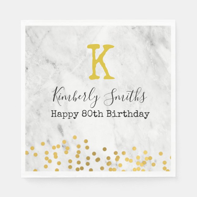 Elegant Monogram Guld punkter på Marble 80 Birthda Pappersservett (Framsidan)