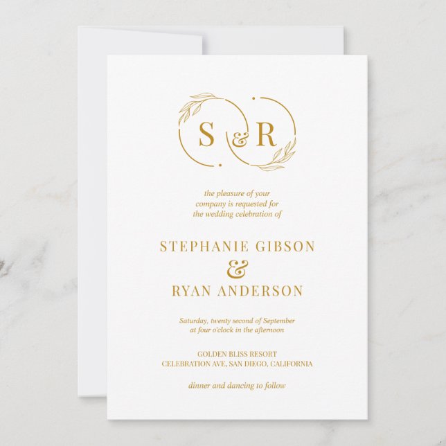 Elegant Monogram Guld Skriptmodern Bröllop Inbjudningar (Framsida)