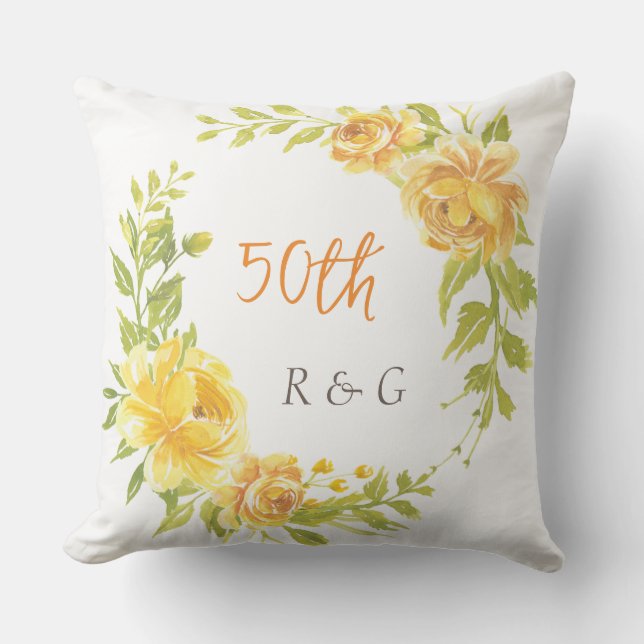 Elegant Monogram Gult Flower WAN Bröllop 50: e Kudde (Framsida)
