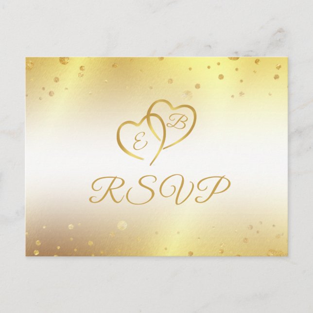 Elegant Monogram Hearts Faux Metallic Guld OSA Inbjudan Vykort (Framsida)