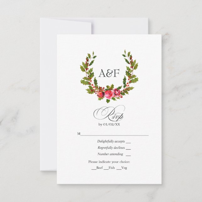 Elegant Monogram Holly och Ivy Julbröllop OSA Kort (Framsida)