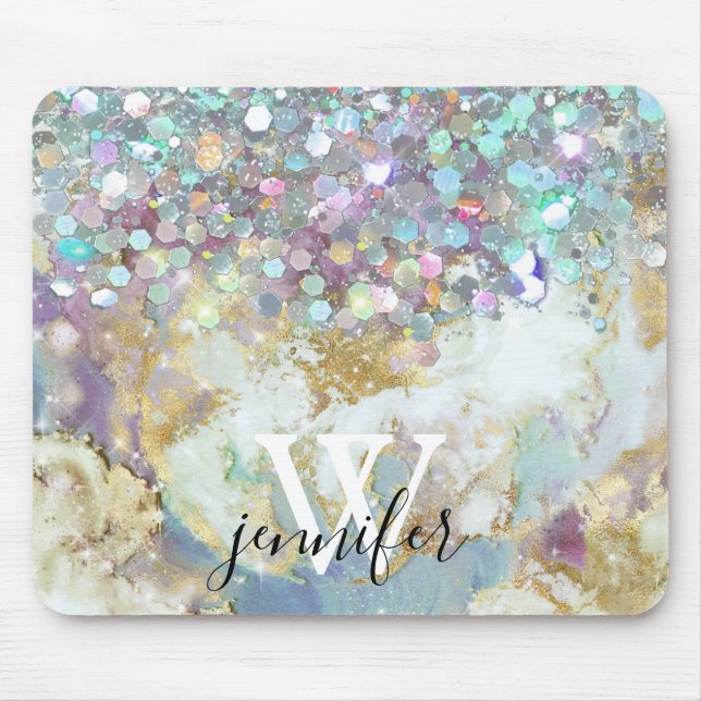 Elegant Monogram Holografisk Glitter Lila Galaxy Musmatta (Framsidan)