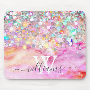 Elegant Monogram Holografisk Glitter Rosa Galaxy Musmatta