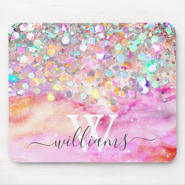 Elegant Monogram Holografisk Glitter Rosa Galaxy Musmatta (Framsidan)