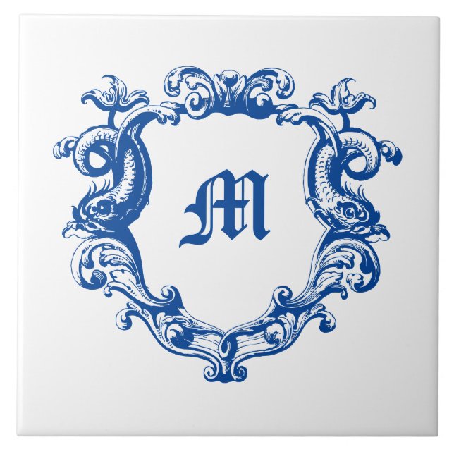 Elegant Monogram i delfinmallen Cartouche Kakelplatta (Framsidan)