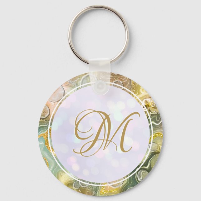 Elegant Monogram Initial Abstrakt Guldmarmor Nyckelring (Framsida)