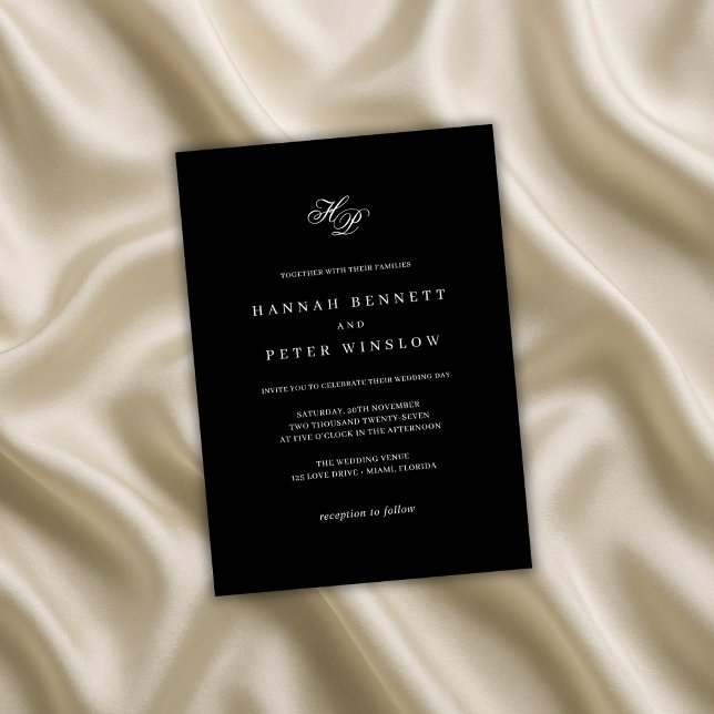 Elegant Monogram Initial Black & White Bröllop Inbjudningar (Skapare uppladdad)