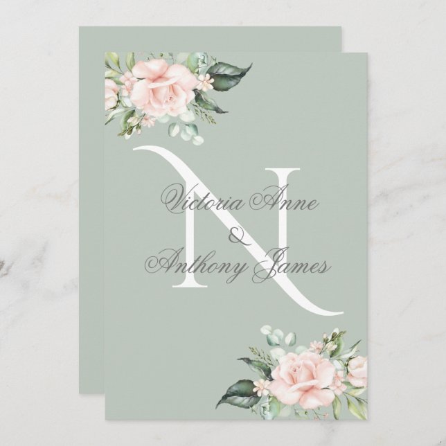 Elegant Monogram Initial Blommigt Sage Grönt Bröll Inbjudningar (Fram/baksida)