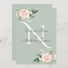 Elegant Monogram Initial Blommigt Sage Grönt Bröll Inbjudningar