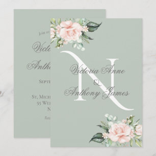Elegant Monogram Initial Blommigt Sage Grönt Bröll Inbjudningar