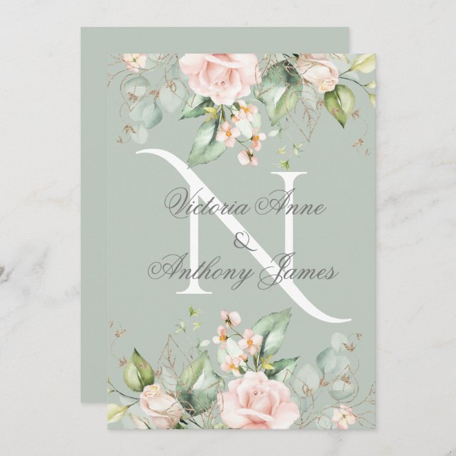 Elegant Monogram Initial Blommigt Sage Grönt Bröll Inbjudningar (Fram/baksida)
