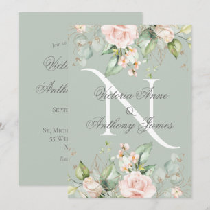 Elegant Monogram Initial Blommigt Sage Grönt Bröll Inbjudningar