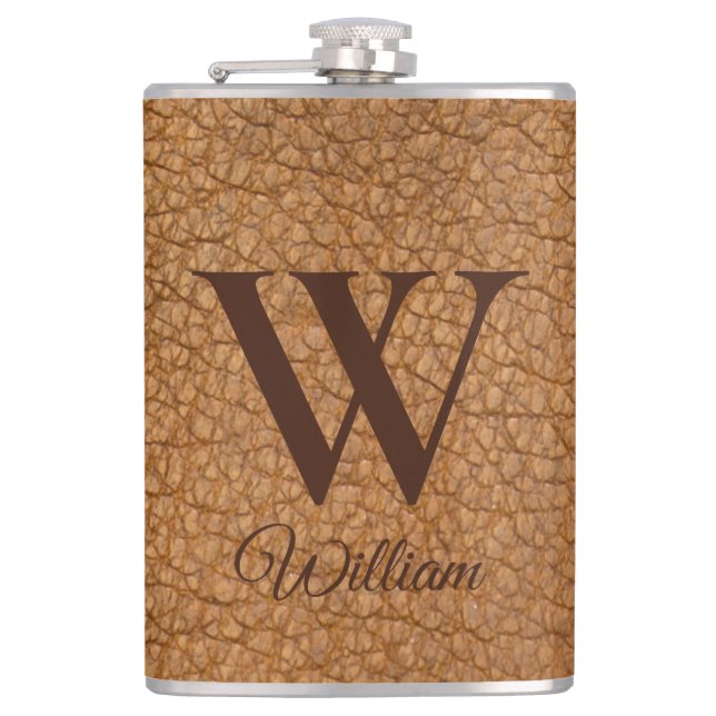 Elegant Monogram Initial Brun Falskt Läder F flask Fickplunta (Framsidan)