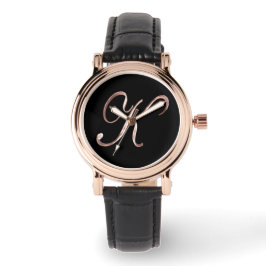 Elegant Monogram Initial K Black Ro Guld Armbandsur