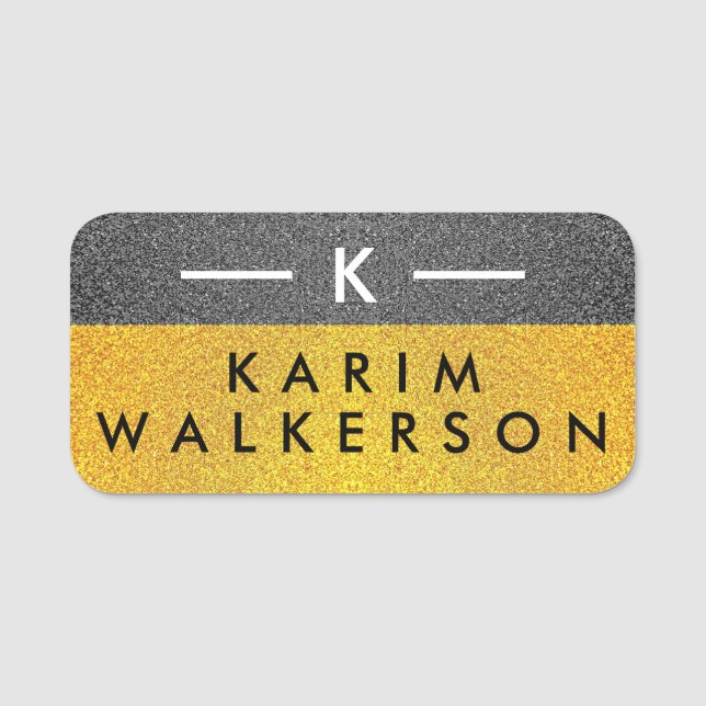 Elegant Monogram Initial, Luxury Black Guld Namnbricka (Framsida)