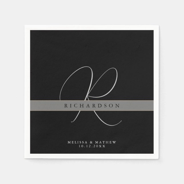 Elegant Monogram Initial Namn Charcoal Grå Svart Pappersservett (Framsidan)