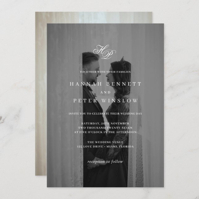 Elegant Monogram Initialer - minimalt foto Bröllop Inbjudningar (Fram/baksida)