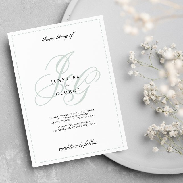 Elegant monogram initialer mynta grönt vit bröllop inbjudningar (Elegant monogram initials mint green white wedding )