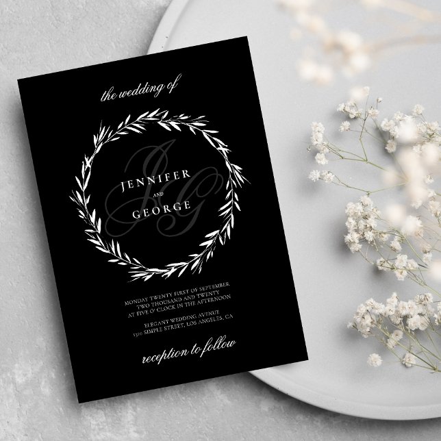 Elegant monogram initialer svartvit Bröllop Inbjudningar (Elegant monogram initials black white Wedding )
