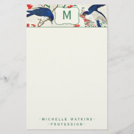 Elegant Monogram Japanskt träblock Bird Brevpapper