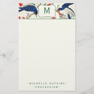 Elegant Monogram Japanskt träblock Bird Brevpapper