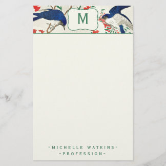 Elegant Monogram Japanskt träblock Bird Brevpapper