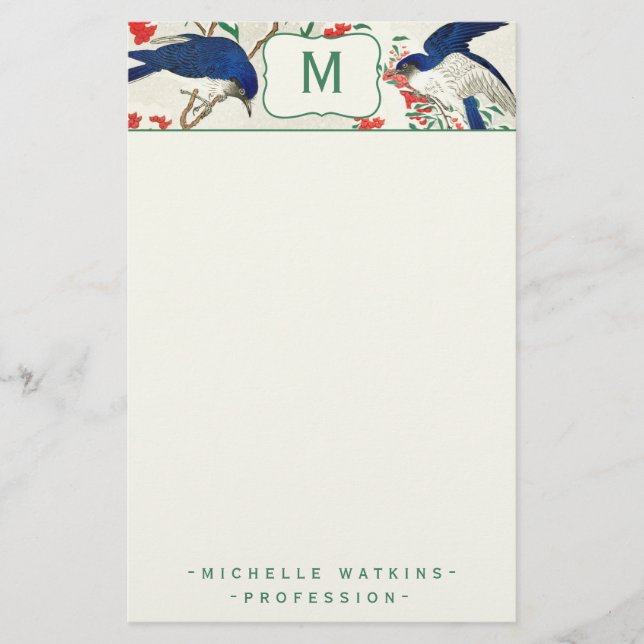 Elegant Monogram Japanskt träblock Bird Brevpapper (Framsida)