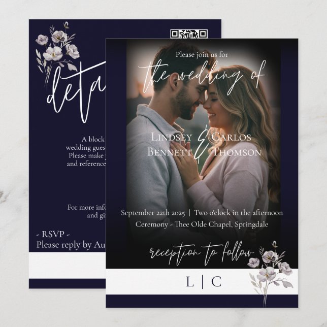 Elegant monogram kalligrafi av marin mörk inbjudningar (Fram/baksida)