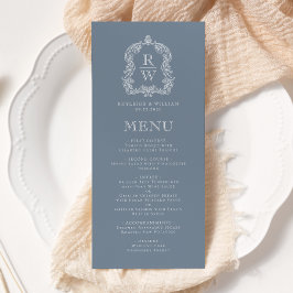 Elegant Monogram-kam Dustblå Bröllop Meny