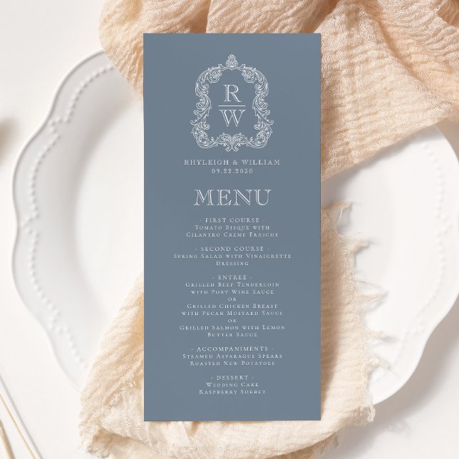Elegant Monogram-kam Dustblå Bröllop Meny (Skapare uppladdad)