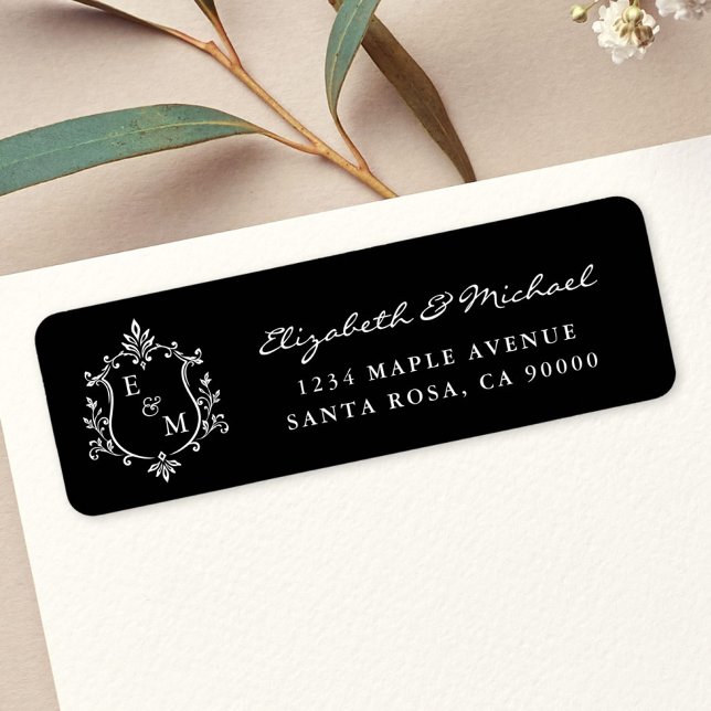 Elegant monogram-kam för bröllops returadress etikett (Elegant Crest Monogram Wedding Return Address Label)
