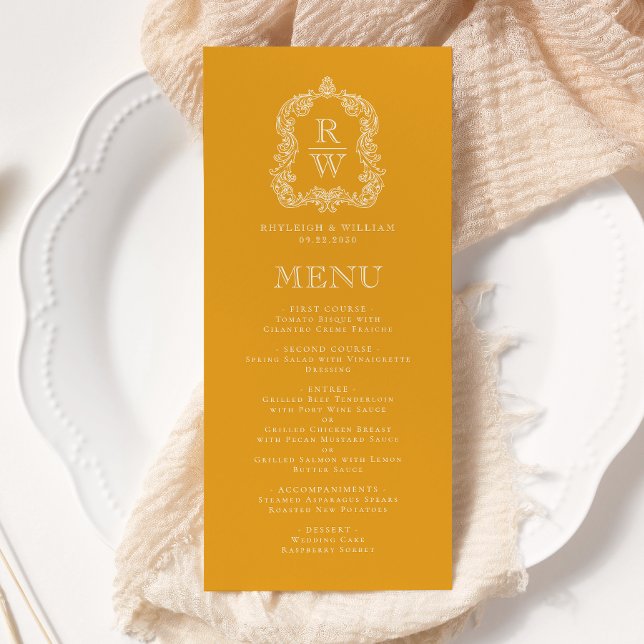 Elegant Monogram-kam Marigold Gul Bröllop Meny (Skapare uppladdad)