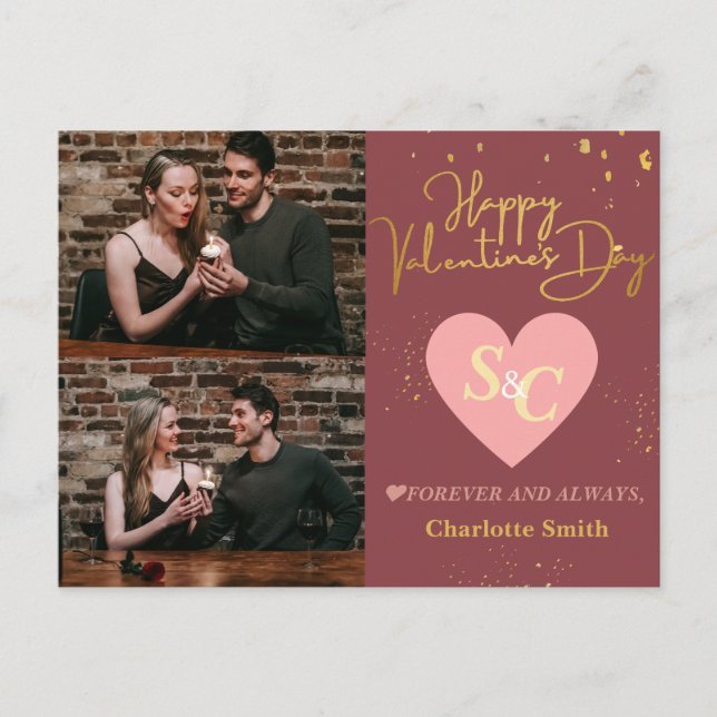 Elegant Monogram Kärlek valentins dag par foto Helg Vykort (Framsida)